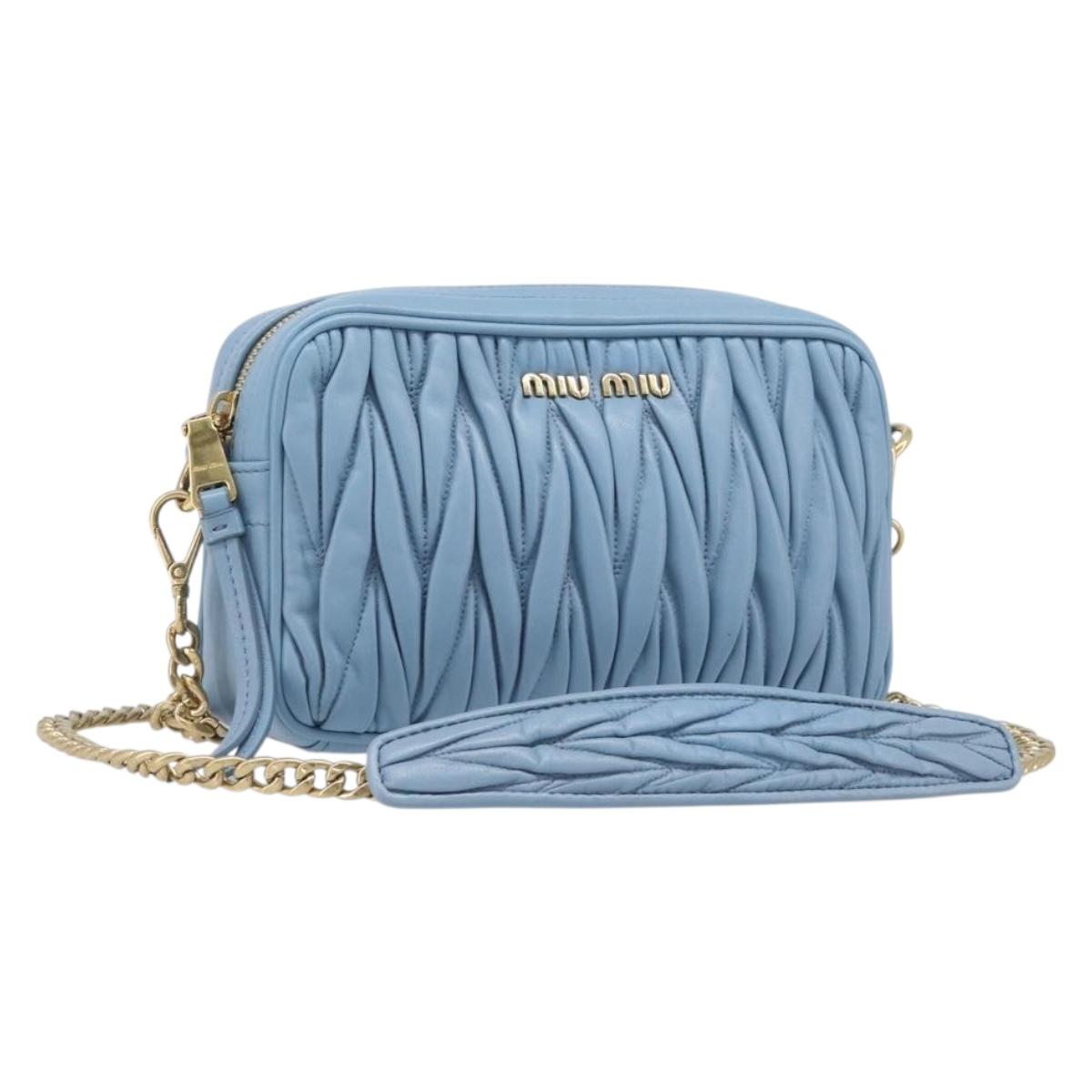 Miu Miu Matelasse Chain Shoulder Bag Leather 2way Light Blue Gold Auth BA15627V