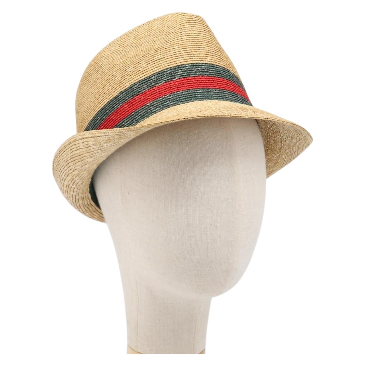 GUCCI Web Sherry Line Hat Straw Beige Auth BA15635V