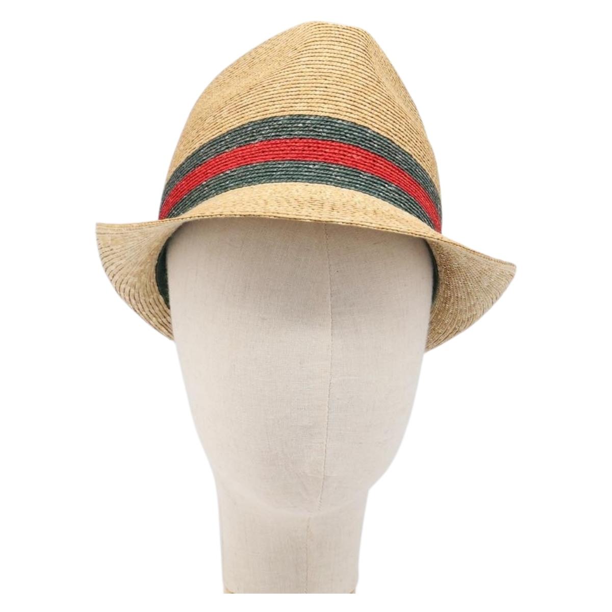 GUCCI Web Sherry Line Hat Straw Beige Auth BA15635V