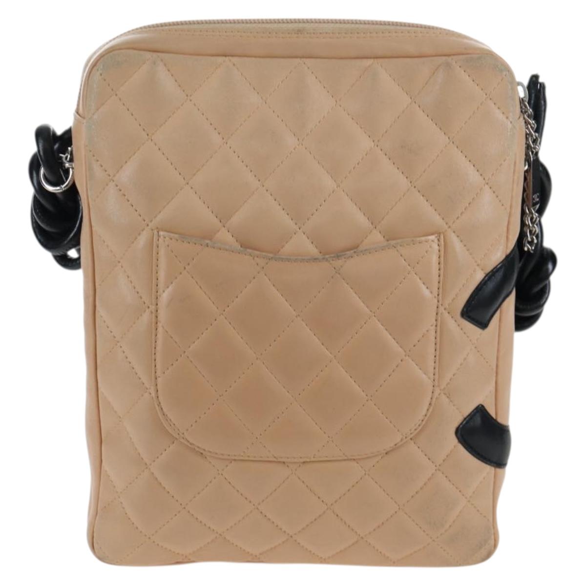 CHANEL Matelasse Cambon Line Shoulder Bag Leather Beige Silver CC Auth BA15637