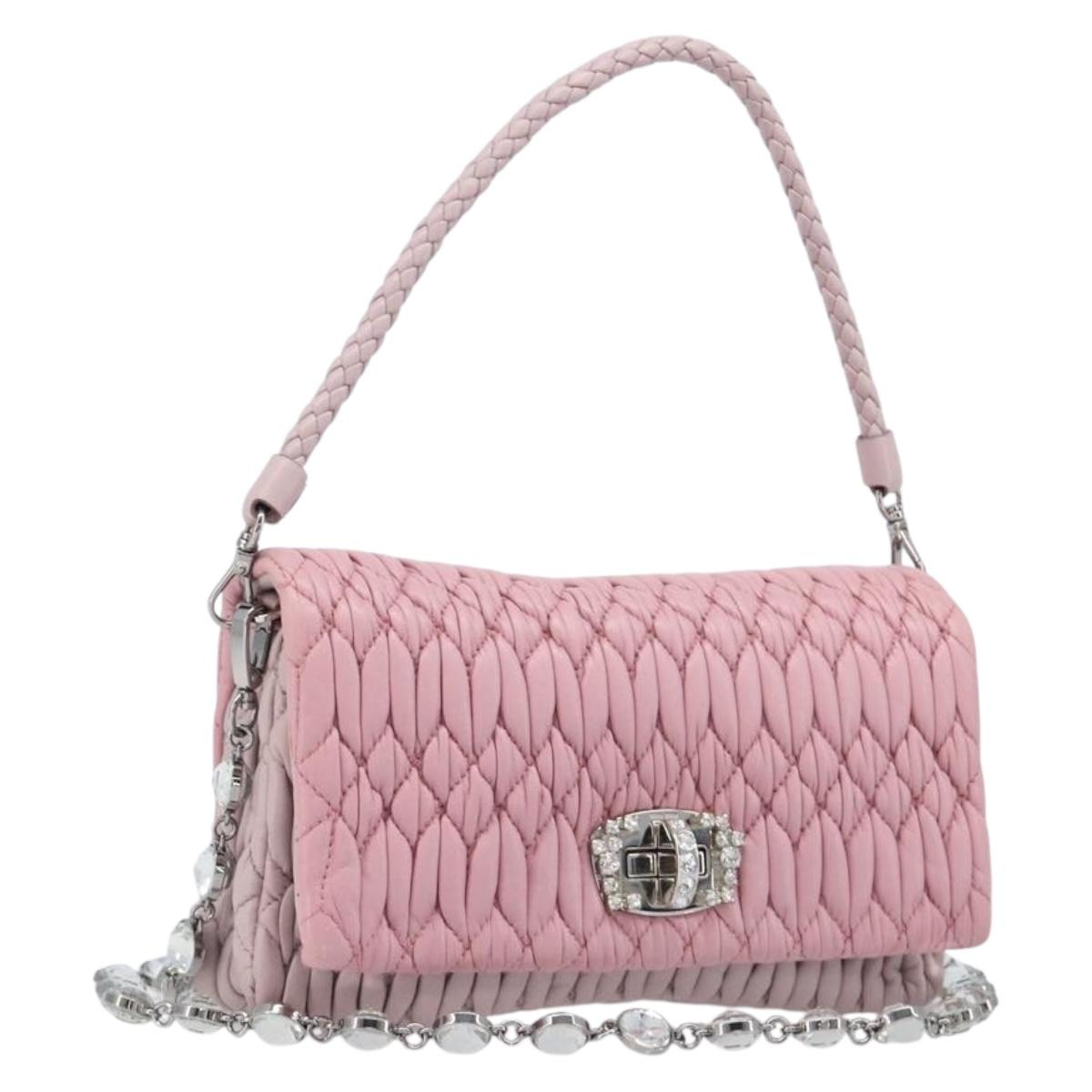 Miu Miu Chain Shoulder Bag Leather 2way Pink Silver Auth BA15638A