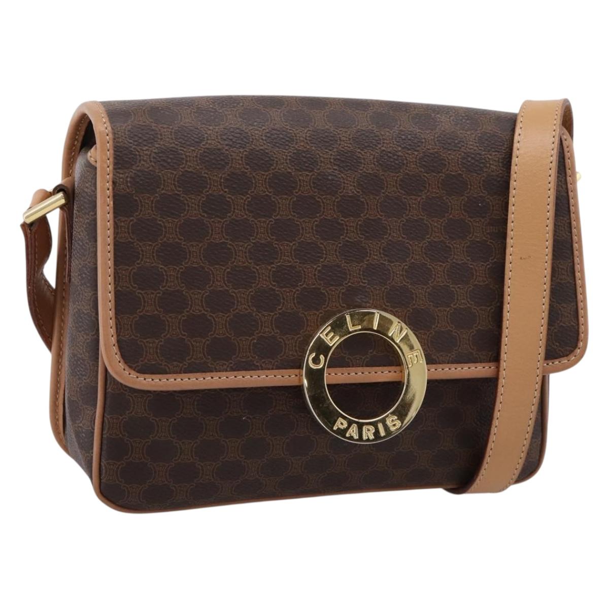 CELINE Macadam Canvas Circle Shoulder Bag PVC Leather Brown Gold Auth BA15640A