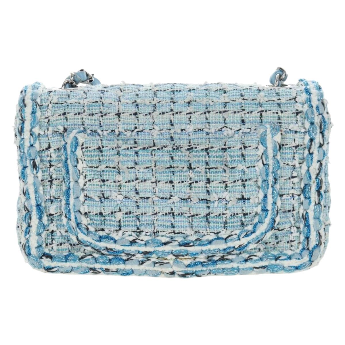 CHANEL Chain Matelasse 20 Shoulder Bag tweed Blue Silver CC Auth BA15642SM