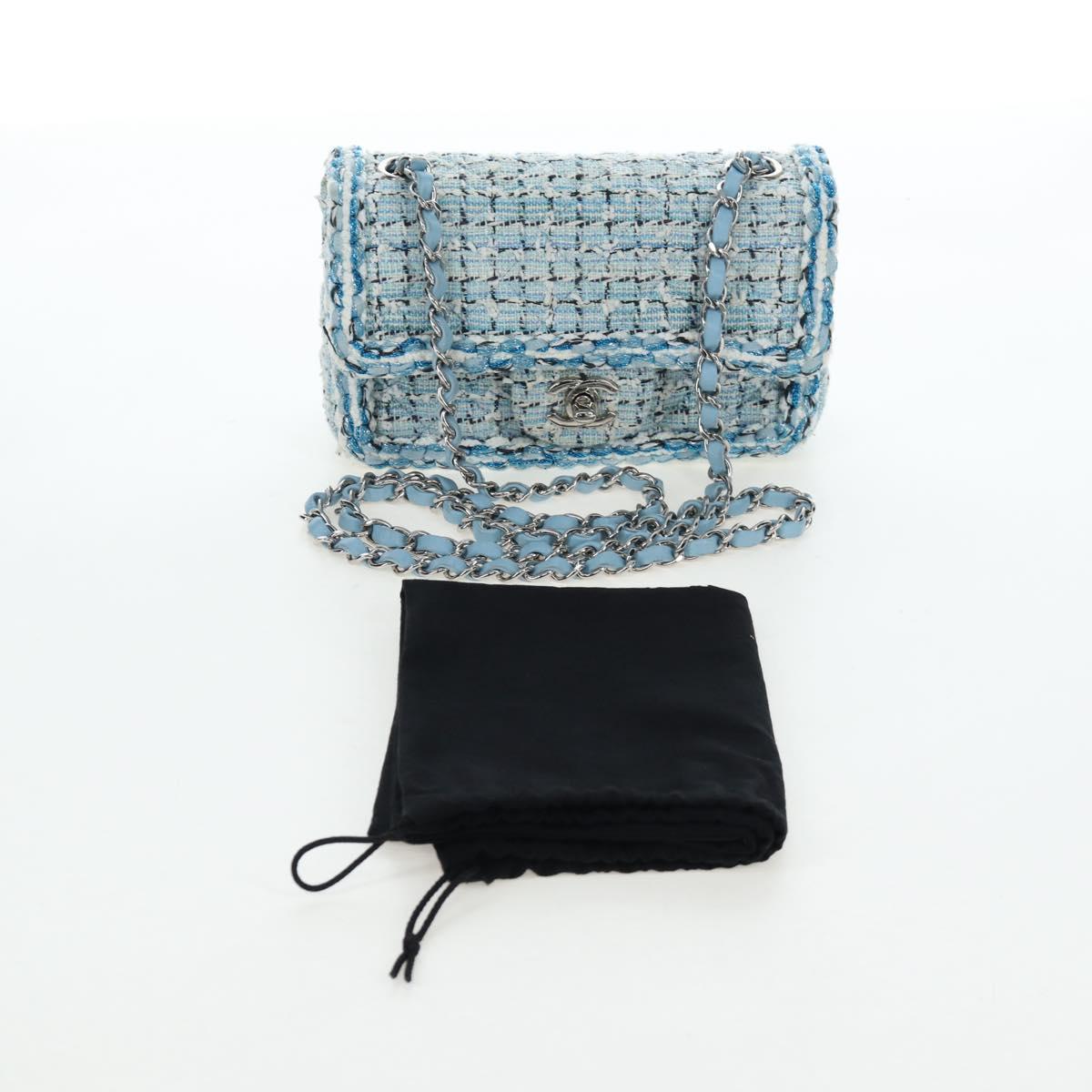 CHANEL Chain Matelasse 20 Shoulder Bag tweed Blue Silver CC Auth BA15642SM