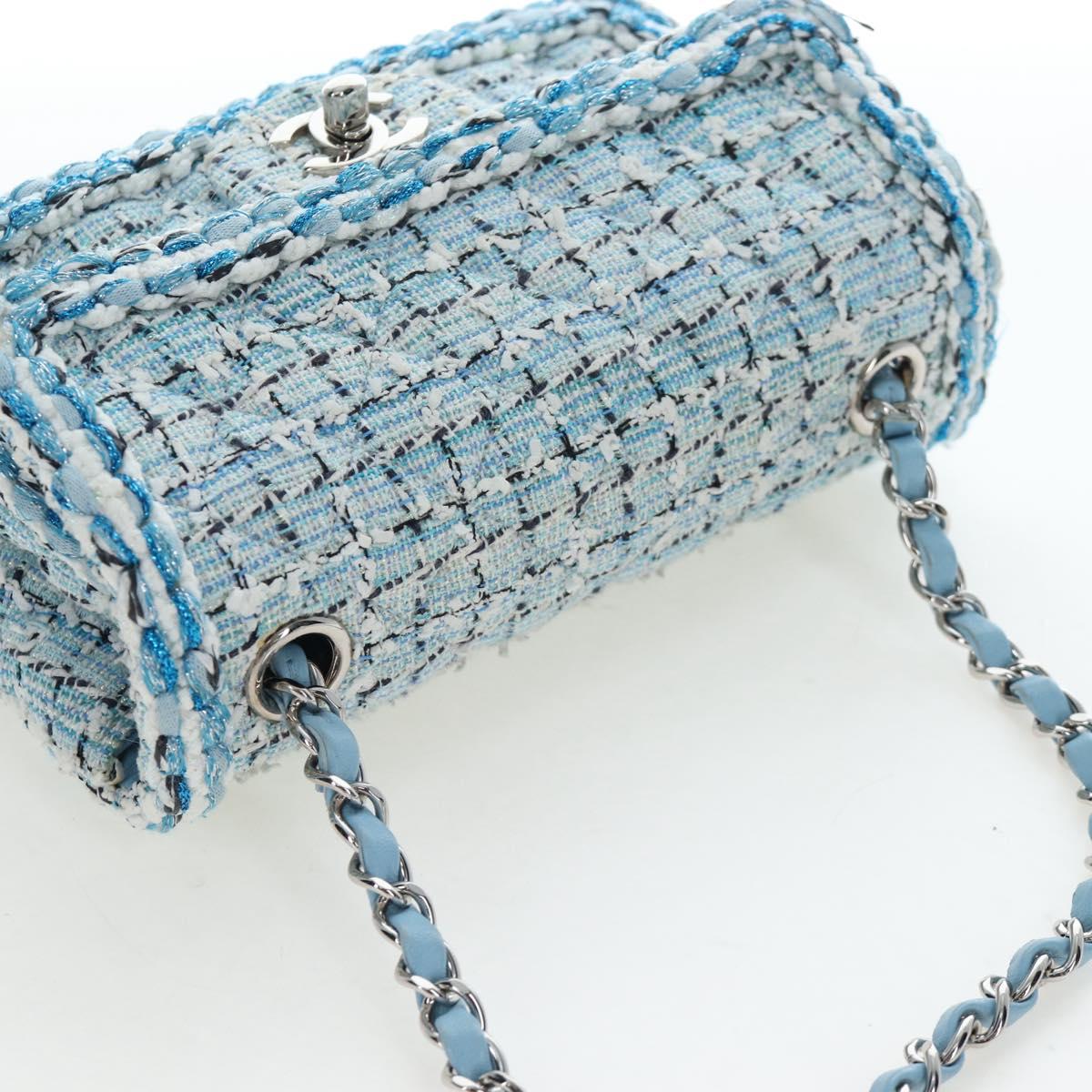 CHANEL Chain Matelasse 20 Shoulder Bag tweed Blue Silver CC Auth BA15642SM