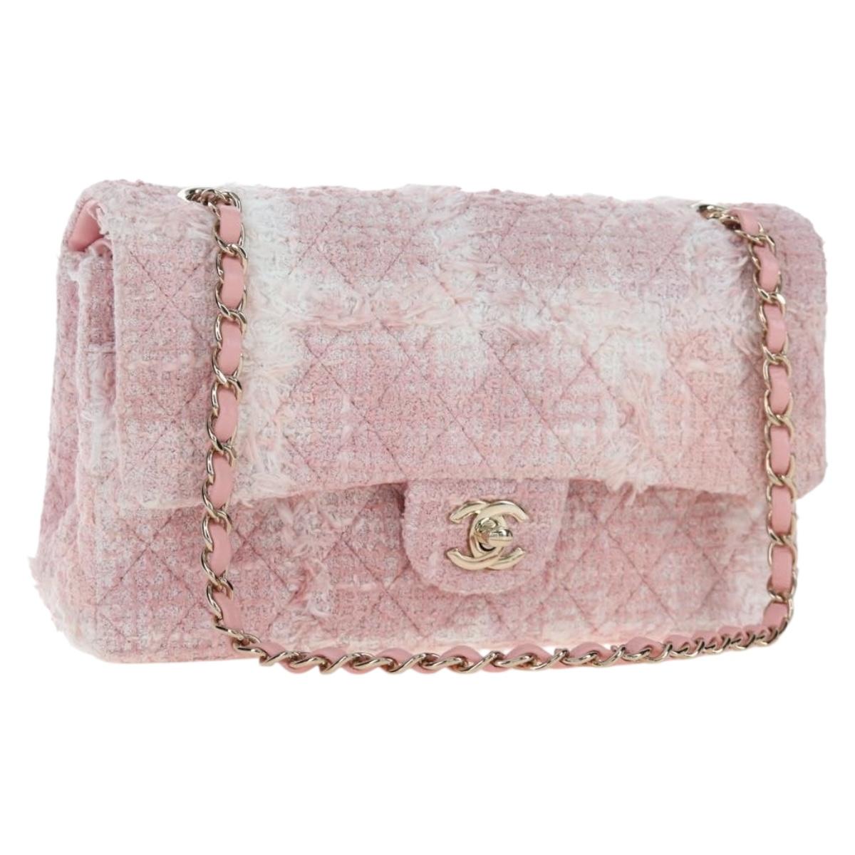 CHANEL Double Flap Chain Matelasse 25 Bag Tweed Pink Gold CC Auth BA15645SM