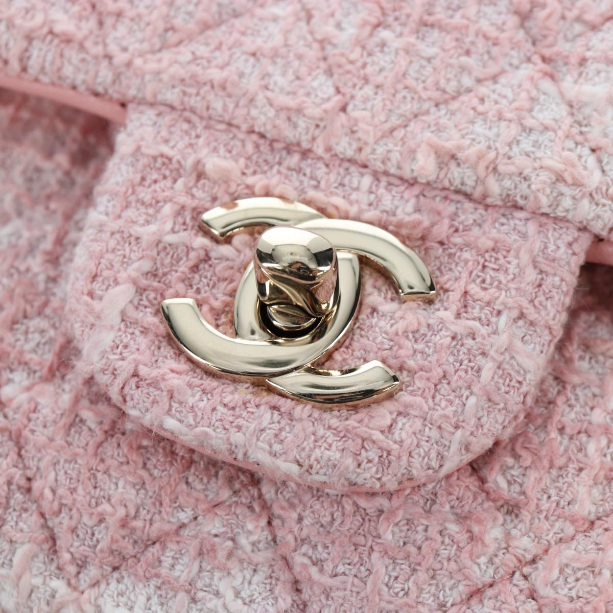 CHANEL Double Flap Chain Matelasse 25 Bag Tweed Pink Gold CC Auth BA15645SM