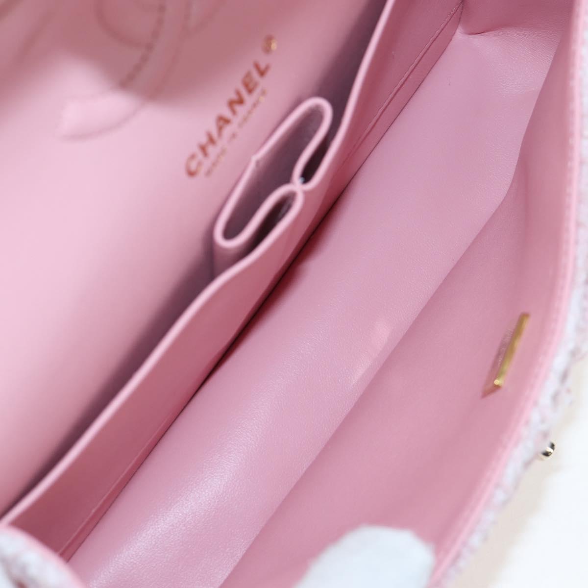 CHANEL Double Flap Chain Matelasse 25 Bag Tweed Pink Gold CC Auth BA15645SM