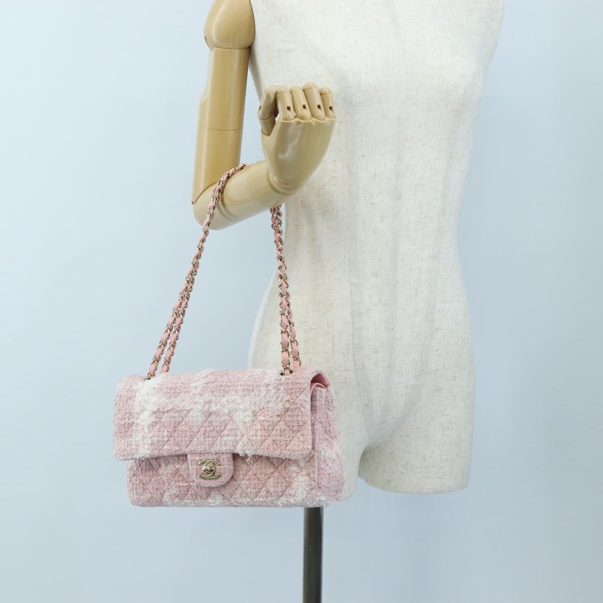 CHANEL Double Flap Chain Matelasse 25 Bag Tweed Pink Gold CC Auth BA15645SM