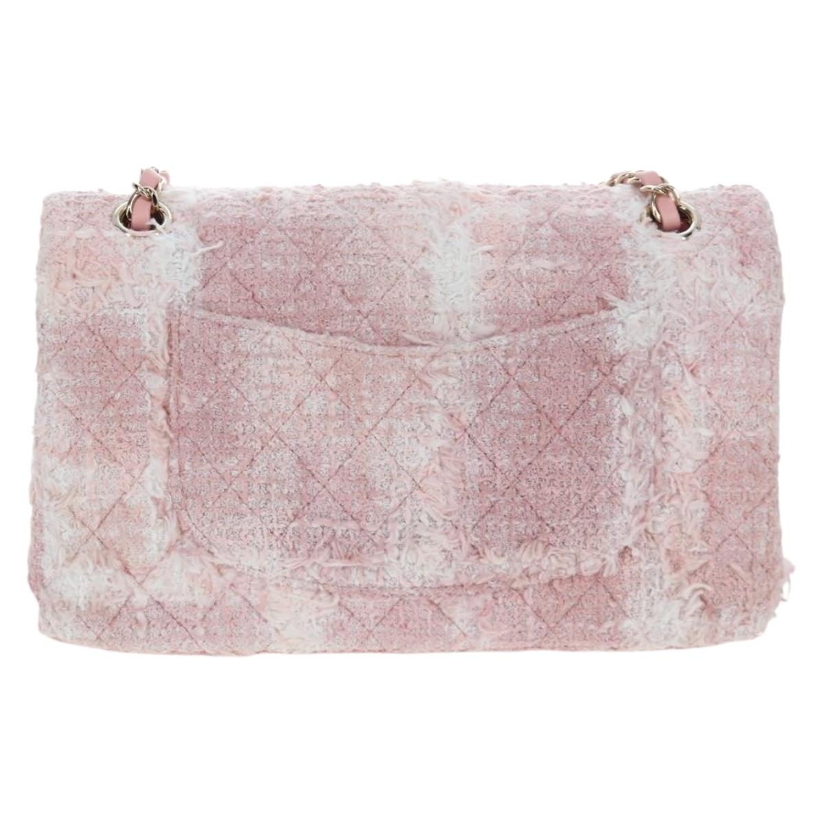 CHANEL Double Flap Chain Matelasse 25 Bag Tweed Pink Gold CC Auth BA15645SM