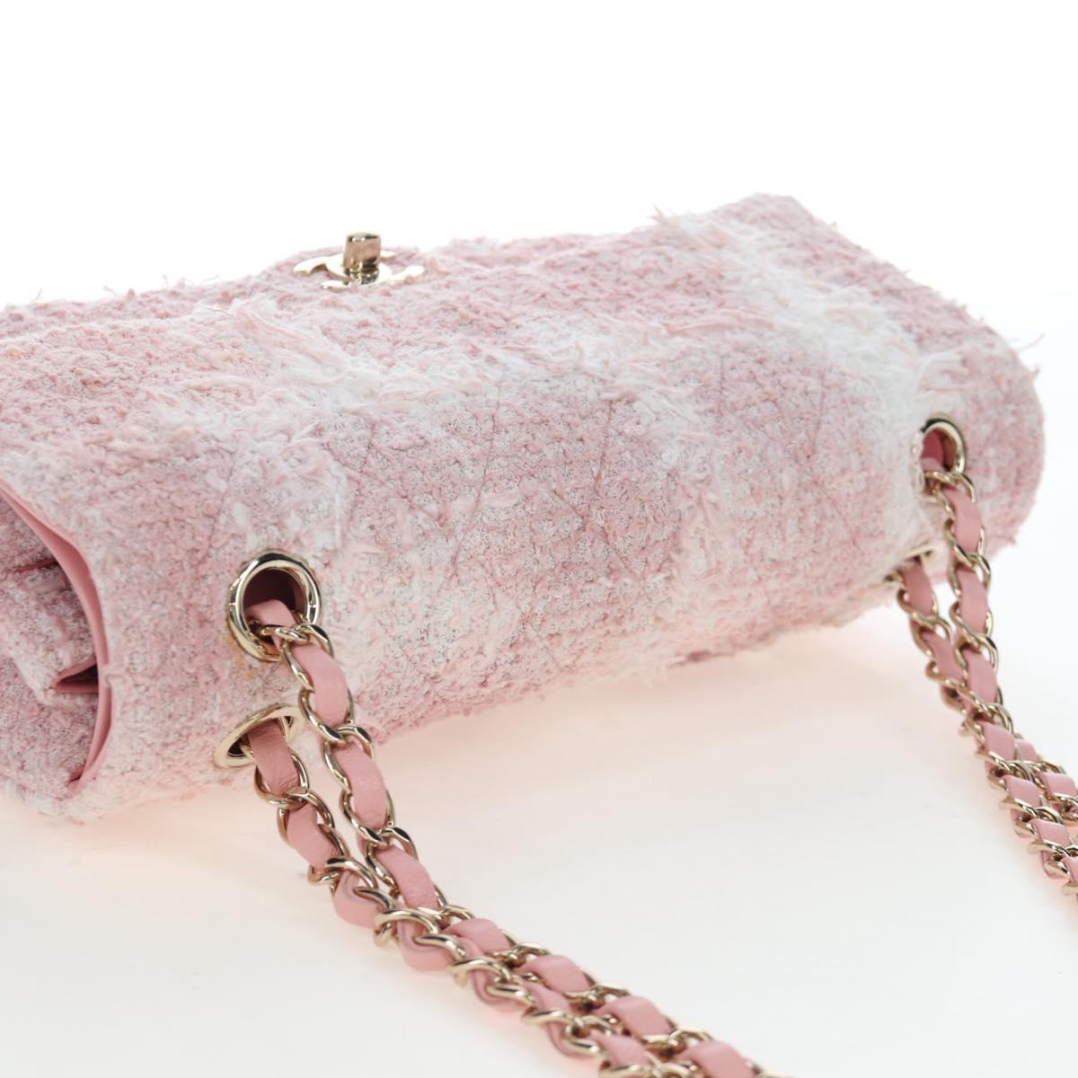 CHANEL Double Flap Chain Matelasse 25 Bag Tweed Pink Gold CC Auth BA15645SM