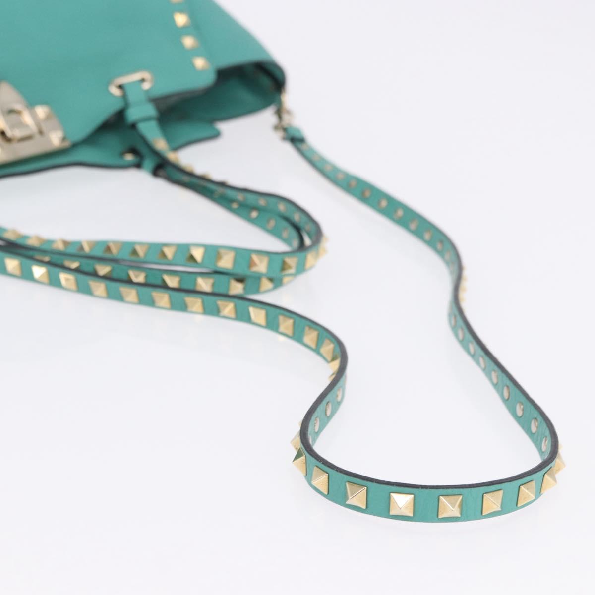 VALENTINO Studs Tote Bag Leather 2way Turquoise Blue Gold Auth BA15656A