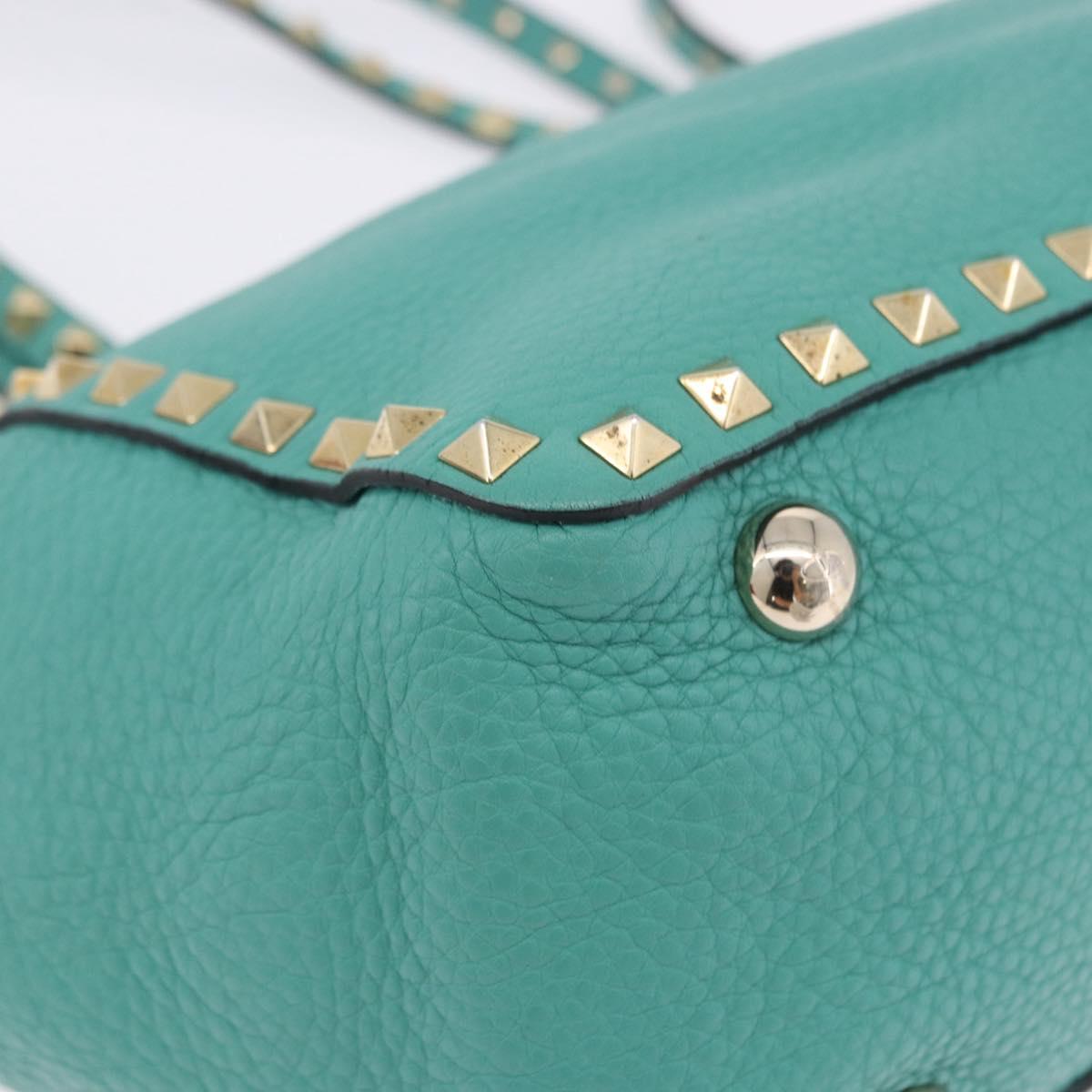VALENTINO Studs Tote Bag Leather 2way Turquoise Blue Gold Auth BA15656A