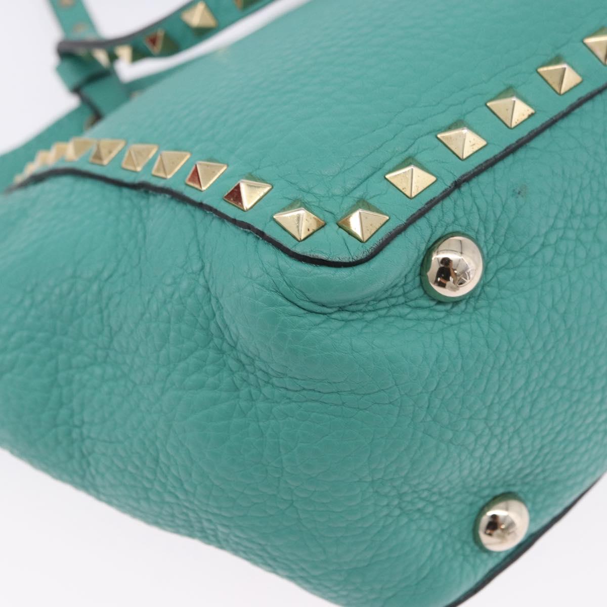 VALENTINO Studs Tote Bag Leather 2way Turquoise Blue Gold Auth BA15656A