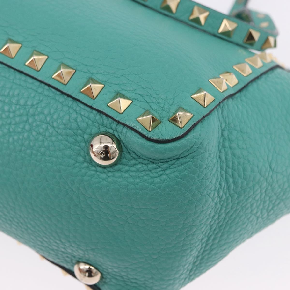VALENTINO Studs Tote Bag Leather 2way Turquoise Blue Gold Auth BA15656A