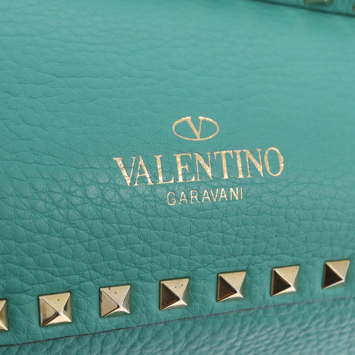 VALENTINO Studs Tote Bag Leather 2way Turquoise Blue Gold Auth BA15656A