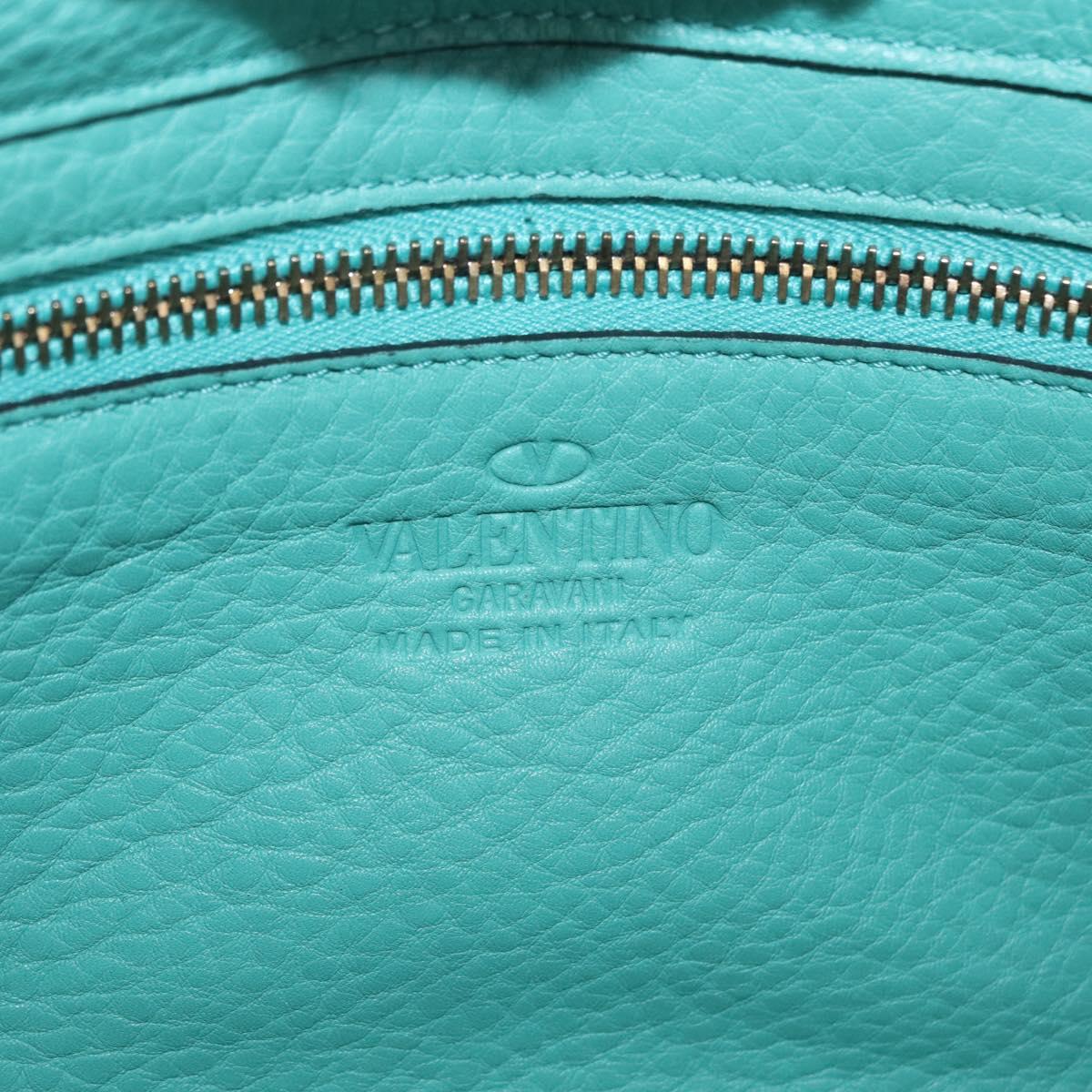 VALENTINO Studs Tote Bag Leather 2way Turquoise Blue Gold Auth BA15656A