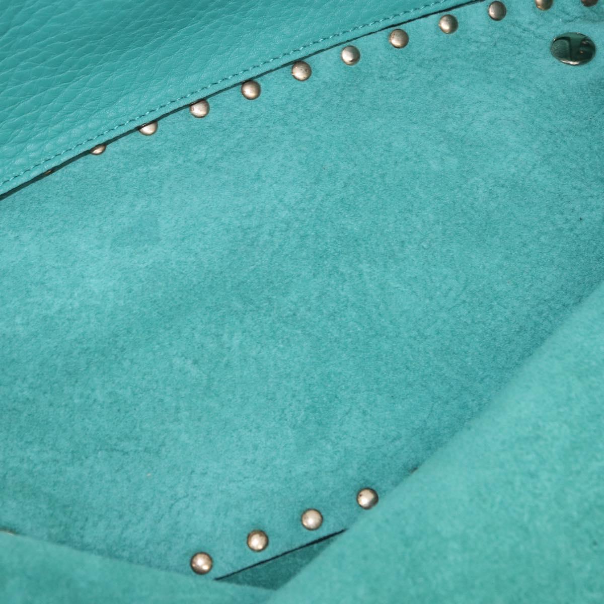 VALENTINO Studs Tote Bag Leather 2way Turquoise Blue Gold Auth BA15656A