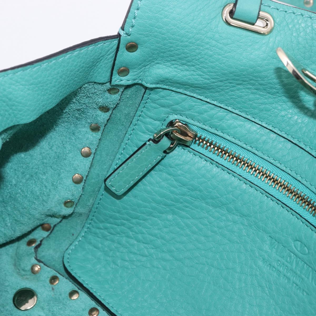 VALENTINO Studs Tote Bag Leather 2way Turquoise Blue Gold Auth BA15656A