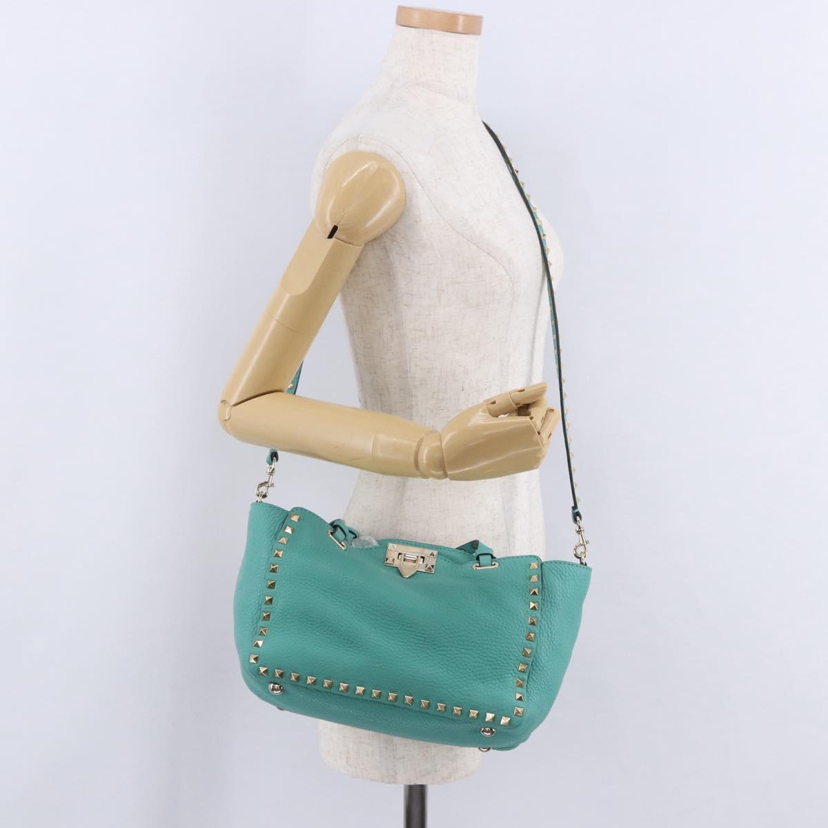 VALENTINO Studs Tote Bag Leather 2way Turquoise Blue Gold Auth BA15656A