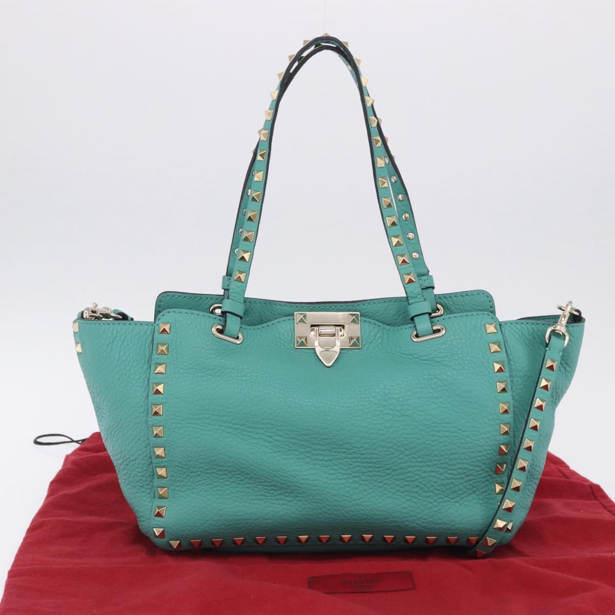 VALENTINO Studs Tote Bag Leather 2way Turquoise Blue Gold Auth BA15656A