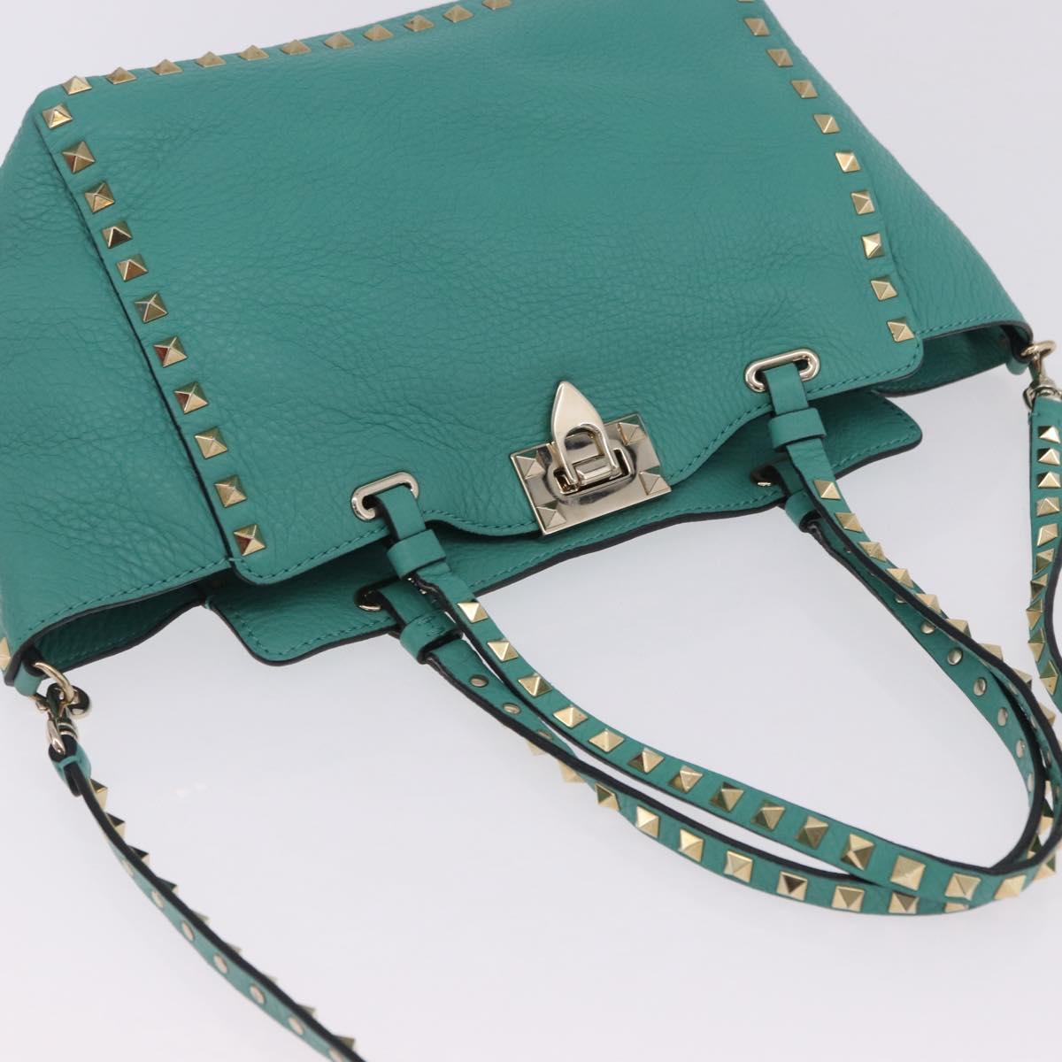 VALENTINO Studs Tote Bag Leather 2way Turquoise Blue Gold Auth BA15656A