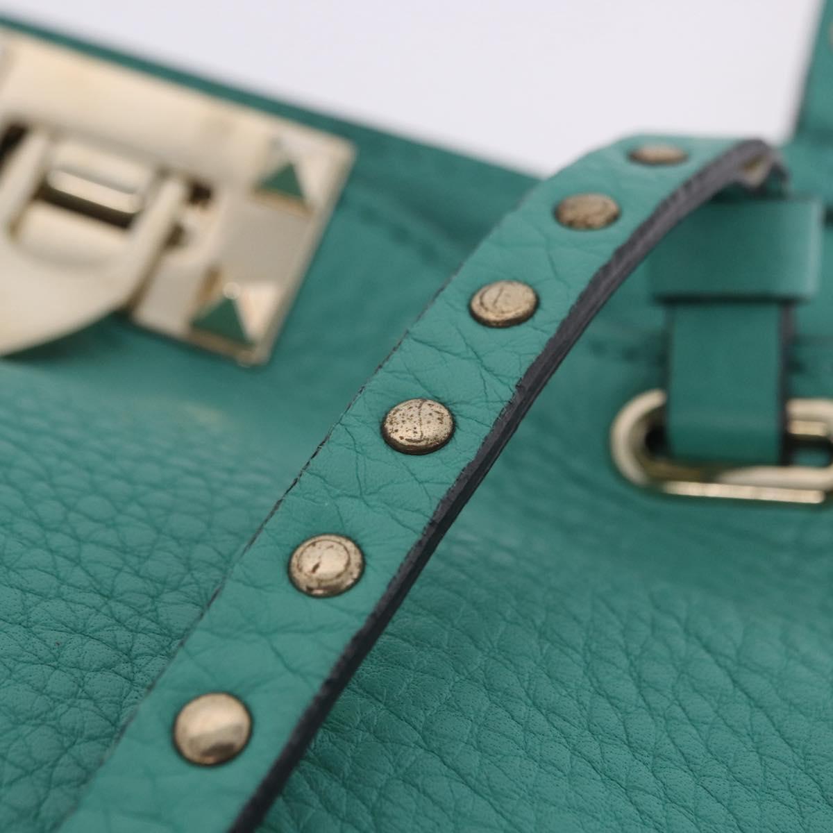 VALENTINO Studs Tote Bag Leather 2way Turquoise Blue Gold Auth BA15656A
