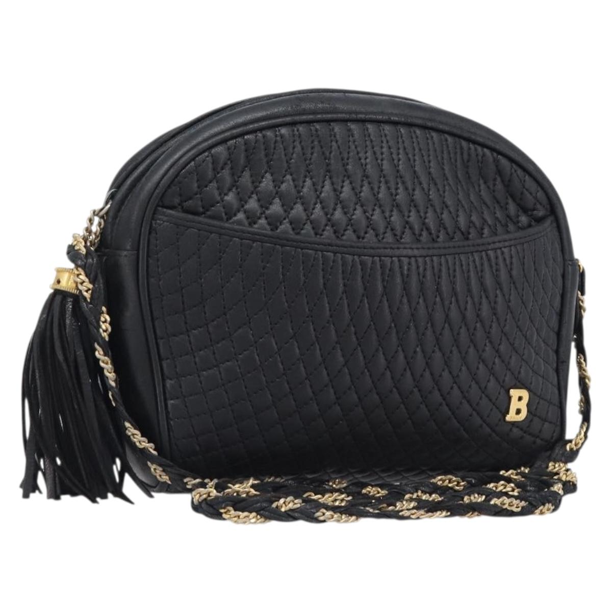 BALLY Chain Shoulder Bag Leather Black Gold Auth BA15717