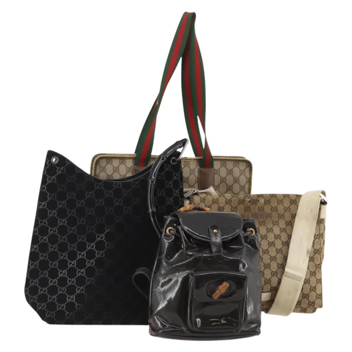 GUCCI GG Canvas Web Sherry Line Bag Leather Suede 4 Set Beige Black Auth BA15737