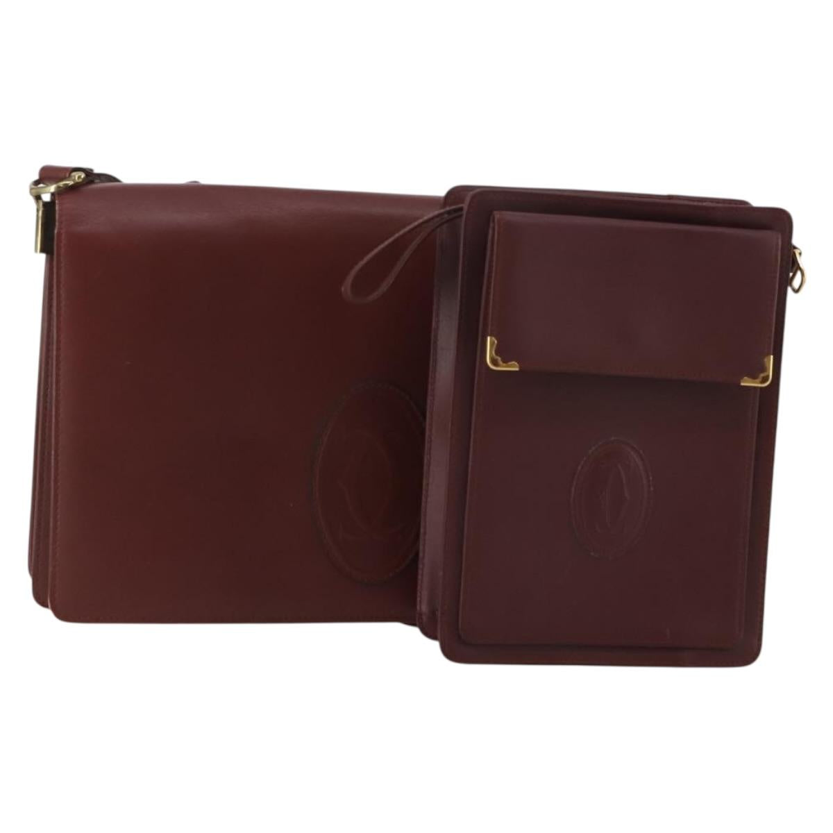 CARTIER Must Line Shoulder Bag Leather 2 Set Bordeaux Gold Auth BA15738