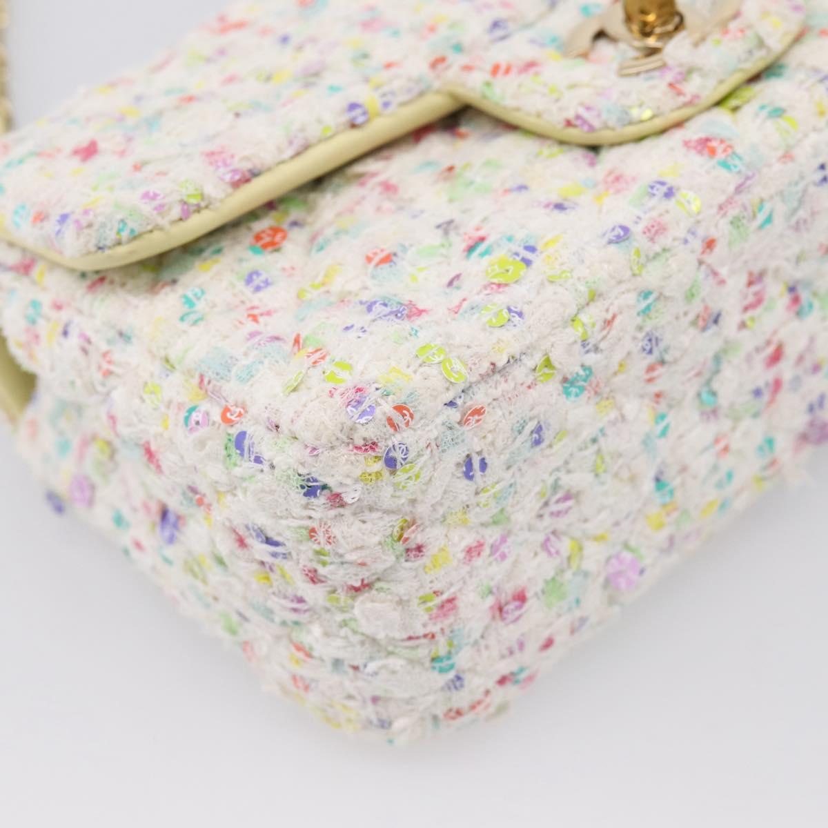 CHANEL Mini Matelasse 20 Single Flap Chain Bag Tweed White CC Auth BA15757SM