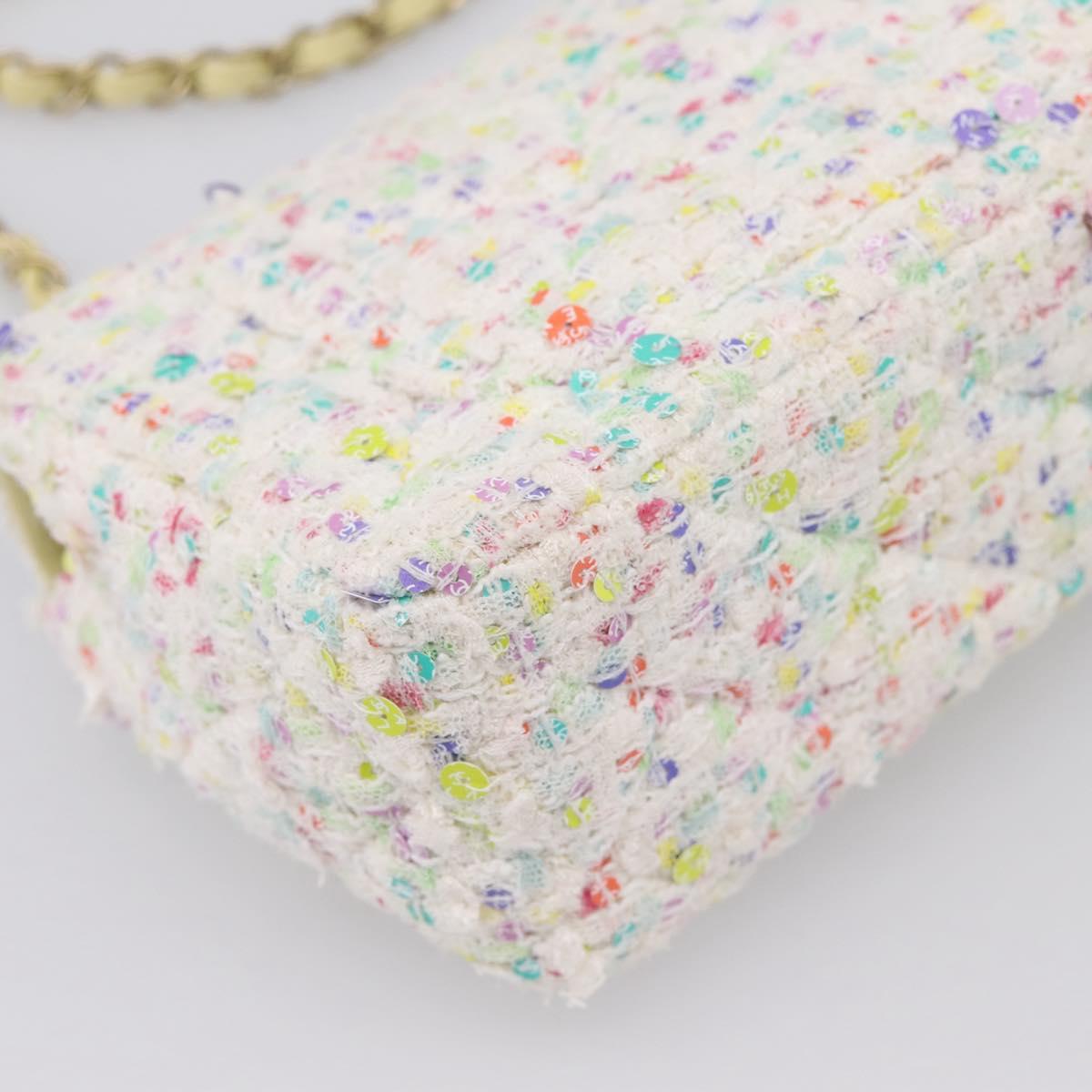 CHANEL Mini Matelasse 20 Single Flap Chain Bag Tweed White CC Auth BA15757SM