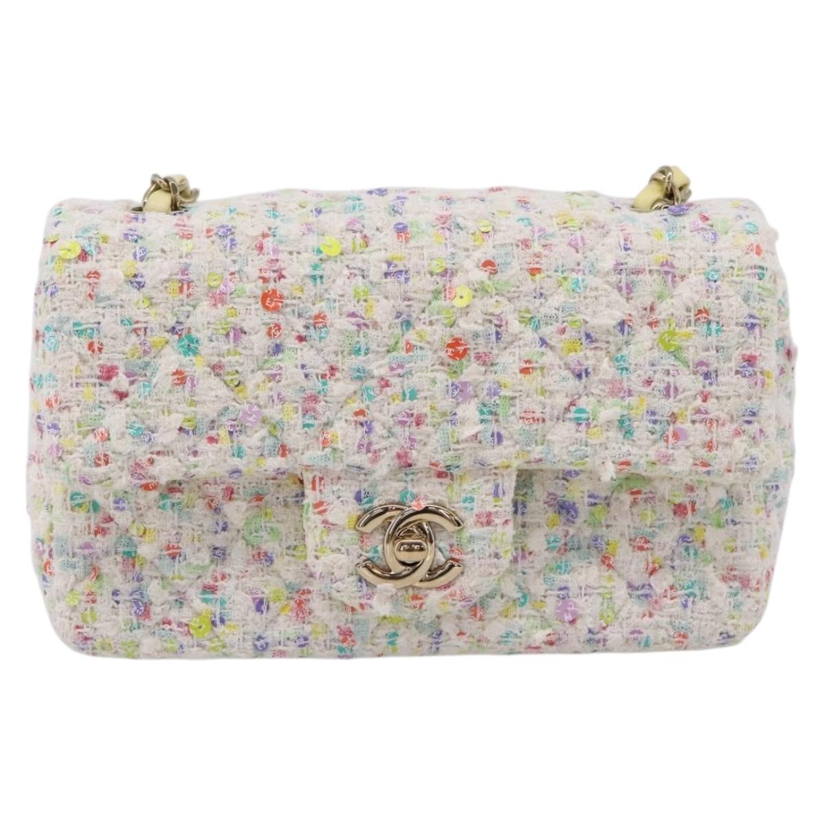 CHANEL Mini Matelasse 20 Single Flap Chain Bag Tweed White CC Auth BA15757SM