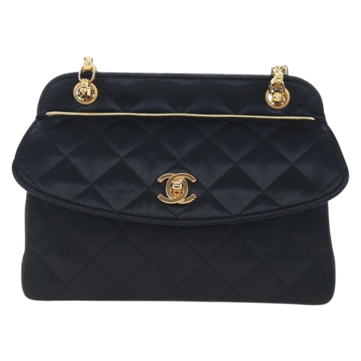 CHANEL Matelasse Chain Shoulder Bag Satin Black Gold CC Auth BA15768SAM