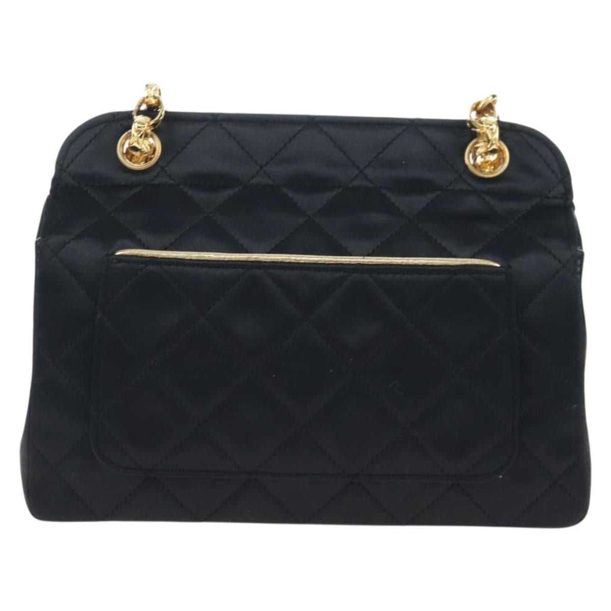 CHANEL Matelasse Chain Shoulder Bag Satin Black Gold CC Auth BA15768SAM