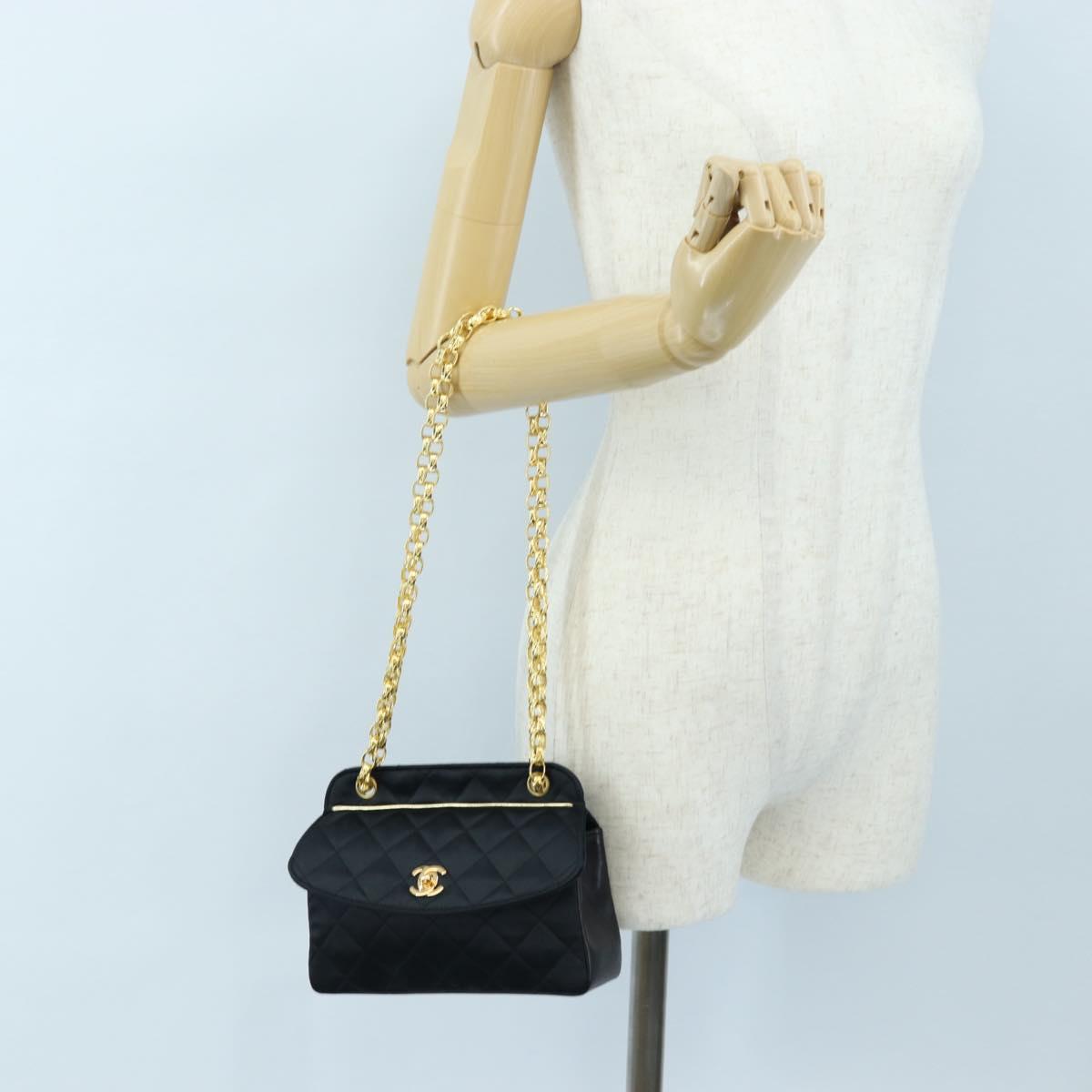 CHANEL Matelasse Chain Shoulder Bag Satin Black Gold CC Auth BA15768SAM