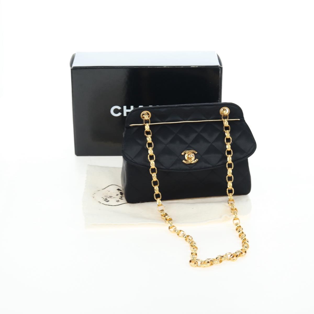 CHANEL Matelasse Chain Shoulder Bag Satin Black Gold CC Auth BA15768SAM