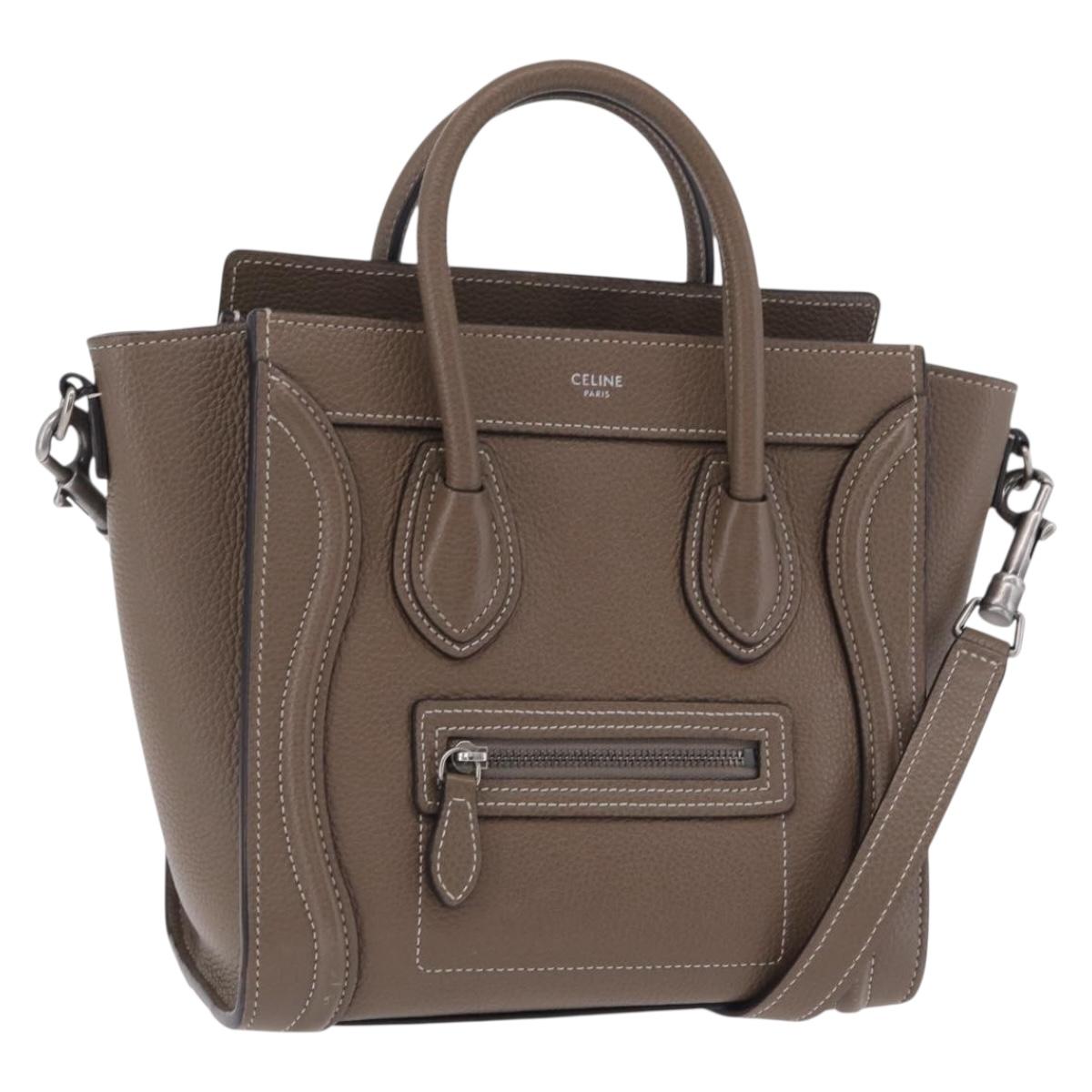 CELINE Luggage Nano Shopper Hand Bag Leather 2way Beige Silver Auth BA15791V