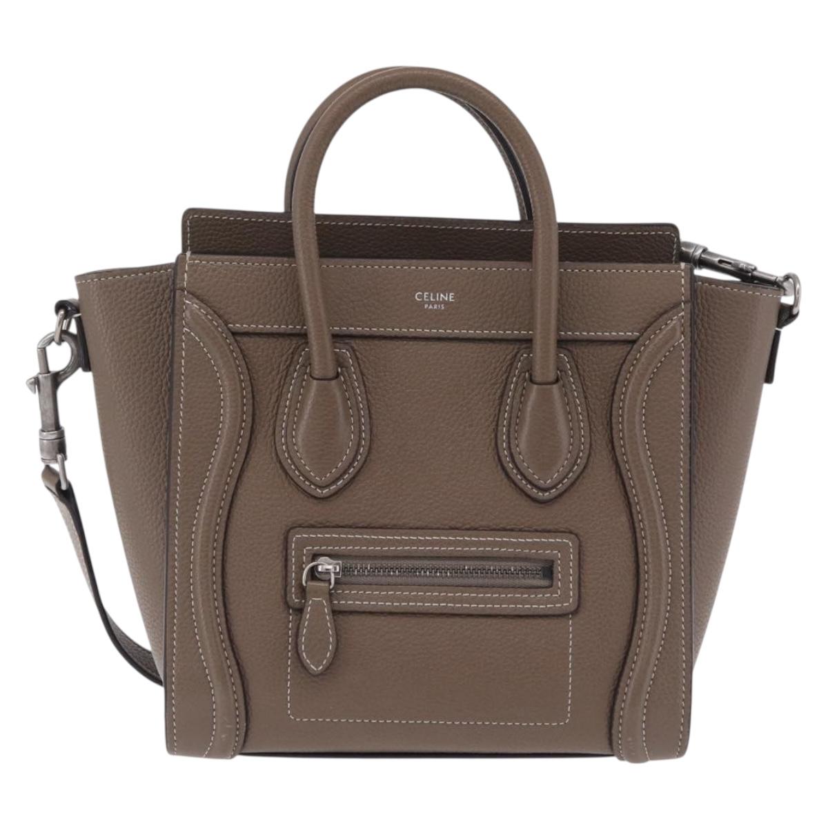 CELINE Luggage Nano Shopper Hand Bag Leather 2way Beige Silver Auth BA15791V