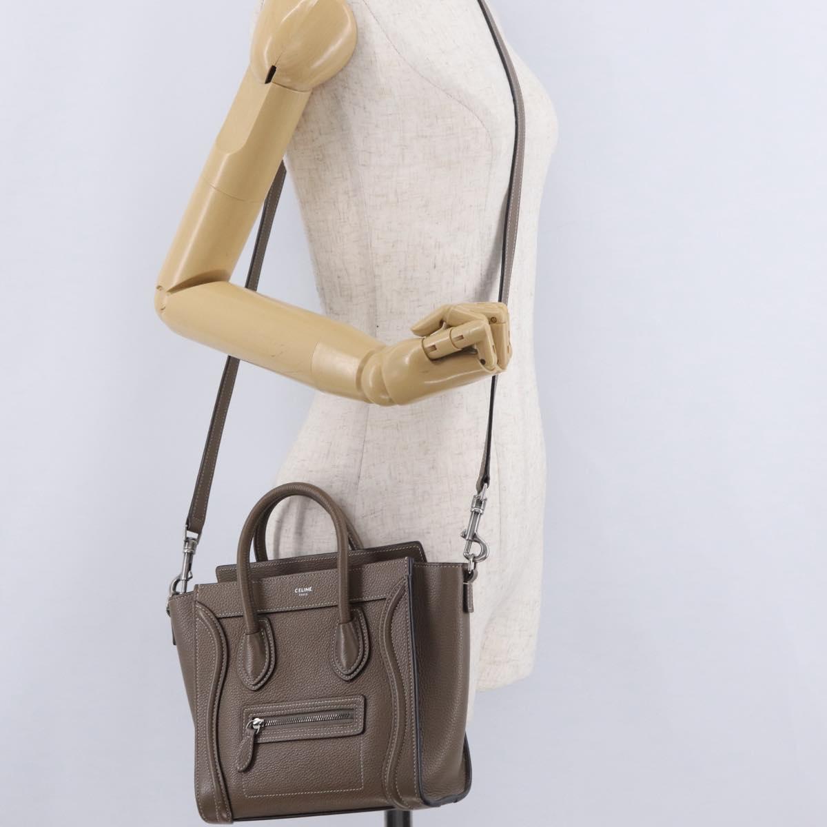 CELINE Luggage Nano Shopper Hand Bag Leather 2way Beige Silver Auth BA15791V