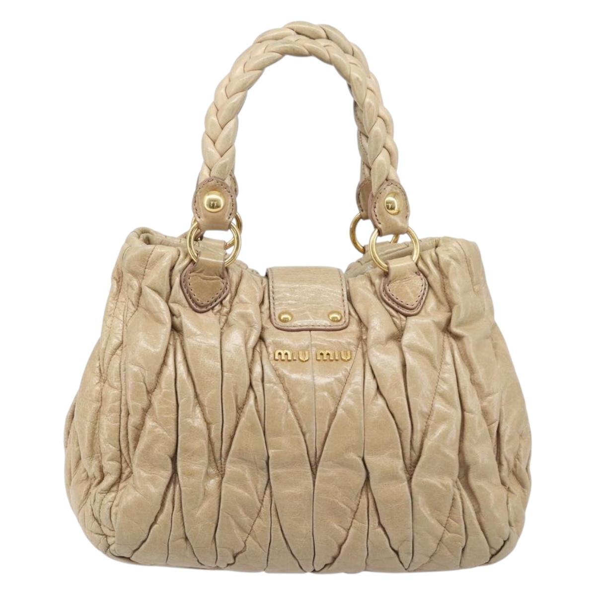 Miu Miu Matelasse Hand Bag Leather Beige Gold Auth BA15801V