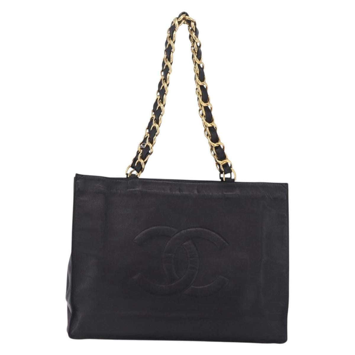 CHANEL Chain Big COCO Mark Tote Bag Lamb Skin Black Gold CC Auth BA15804V