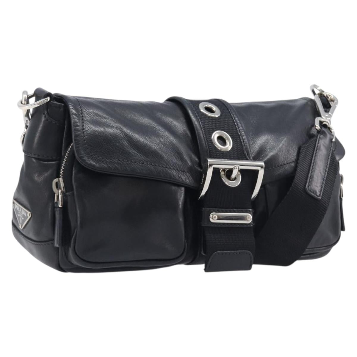 PRADA Shoulder Bag Leather Black Silver Auth BA15835V