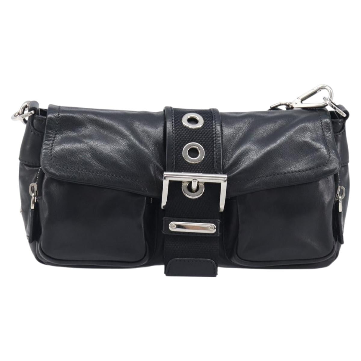 PRADA Shoulder Bag Leather Black Silver Auth BA15835V