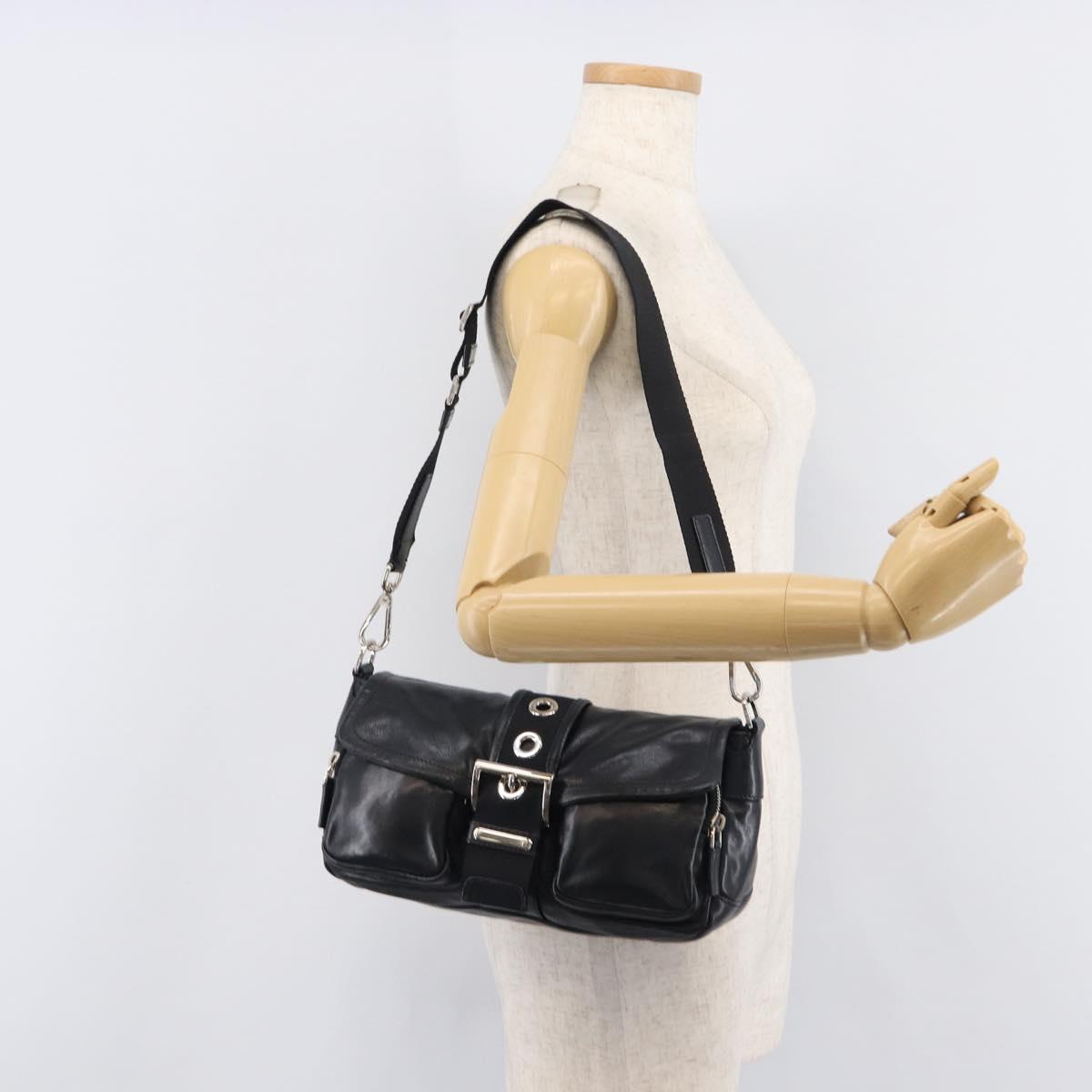 PRADA Shoulder Bag Leather Black Silver Auth BA15835V