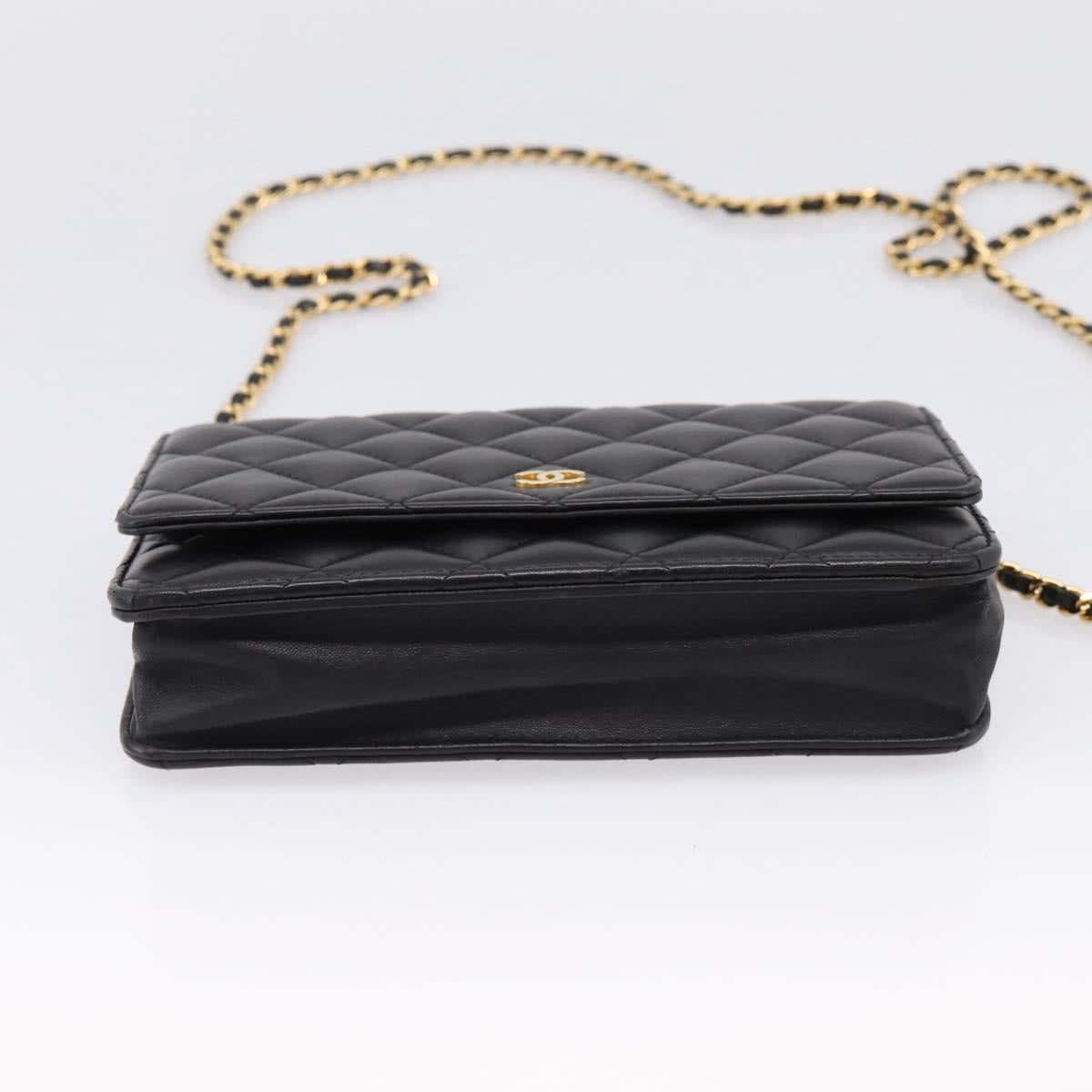 CHANEL Matelasse Chain Shoulder Wallet Lamb Skin Black Gold CC Auth BA15844SAM
