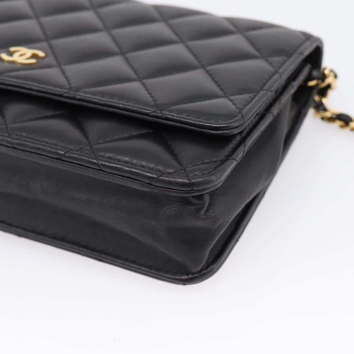 CHANEL Matelasse Chain Shoulder Wallet Lamb Skin Black Gold CC Auth BA15844SAM