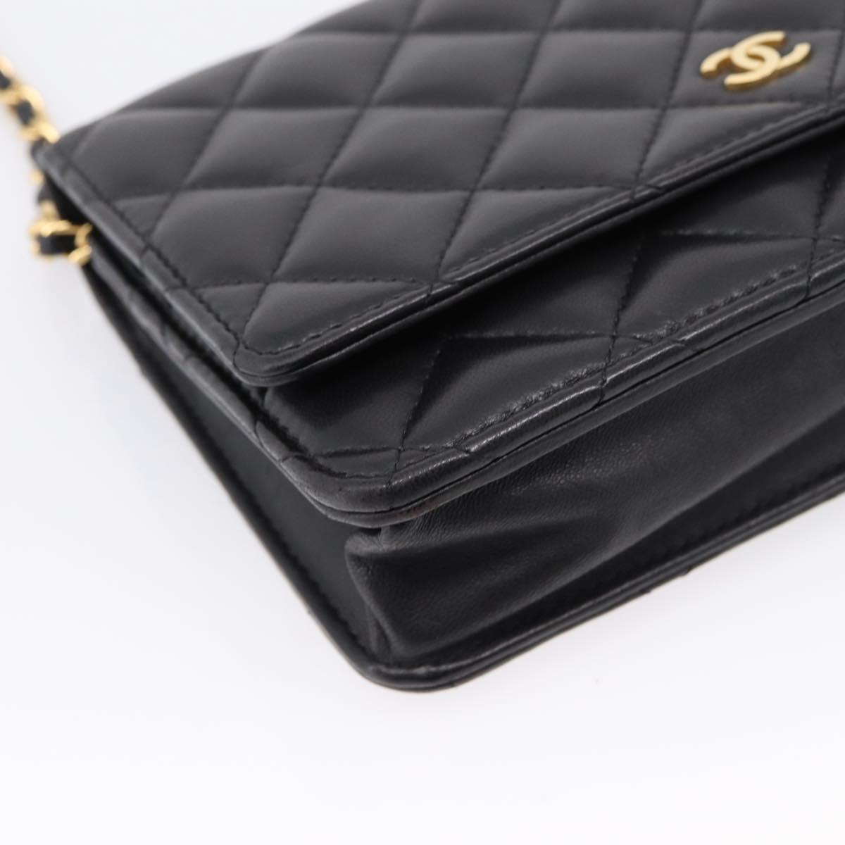 CHANEL Matelasse Chain Shoulder Wallet Lamb Skin Black Gold CC Auth BA15844SAM