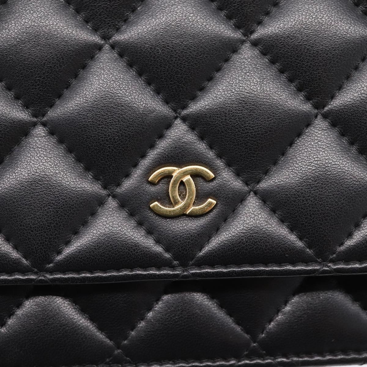 CHANEL Matelasse Chain Shoulder Wallet Lamb Skin Black Gold CC Auth BA15844SAM