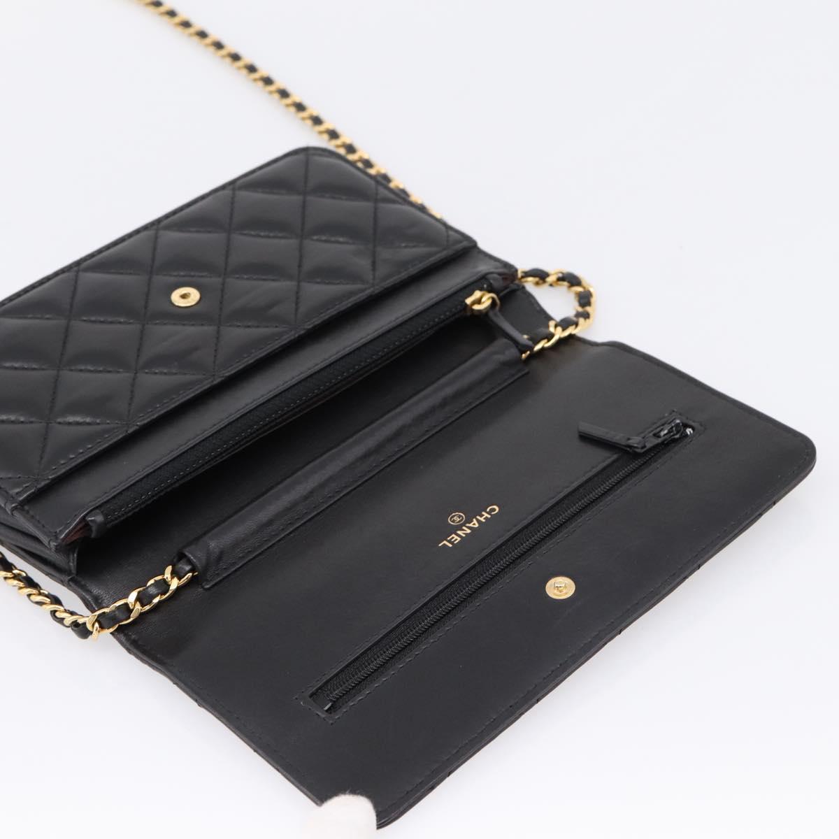 CHANEL Matelasse Chain Shoulder Wallet Lamb Skin Black Gold CC Auth BA15844SAM